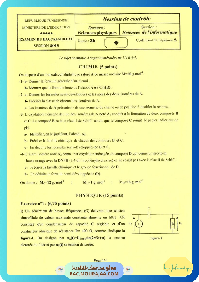 Sujet controle physique Bac 2018 – Section info